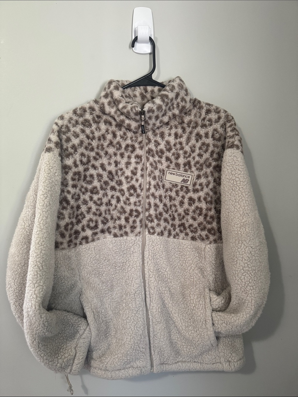 New Balance Cream Sherpa Puffer Jacket with Leopard Yoke